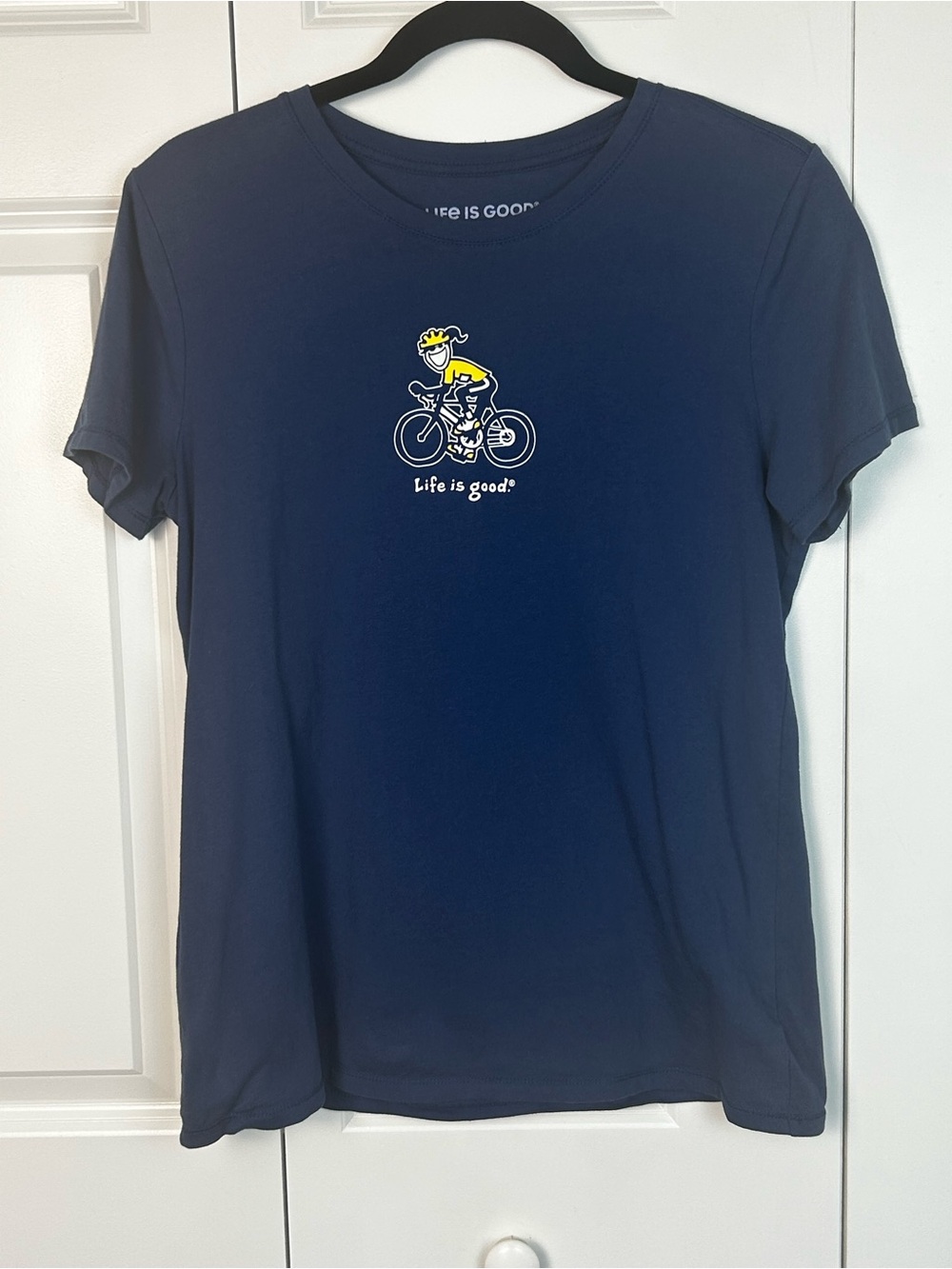 Life Is Good Women’s Navy Blue Graphic Tee with Small Yellow Accent